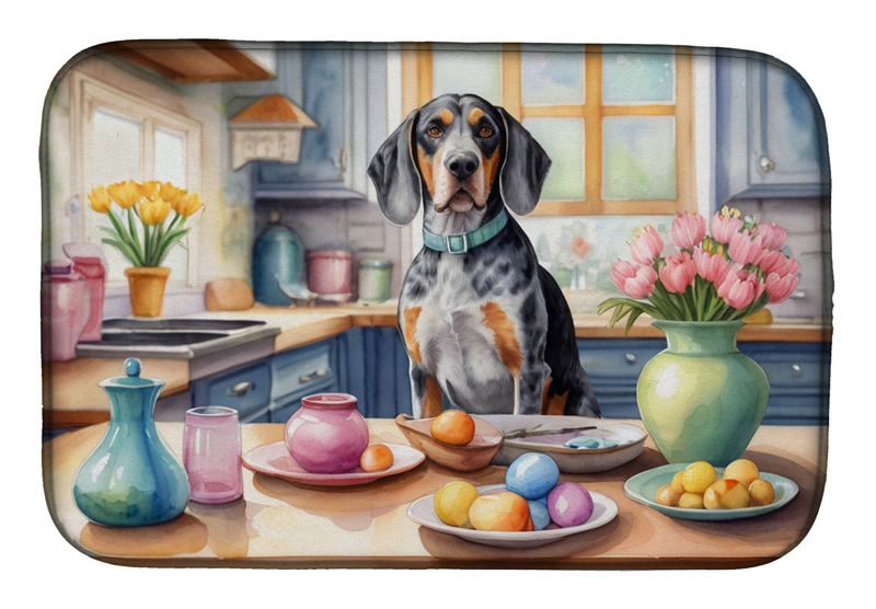 Colorful kitchen scene with a black and tan dog, pastel vases, and vibrant flowers, perfect for dog lovers.