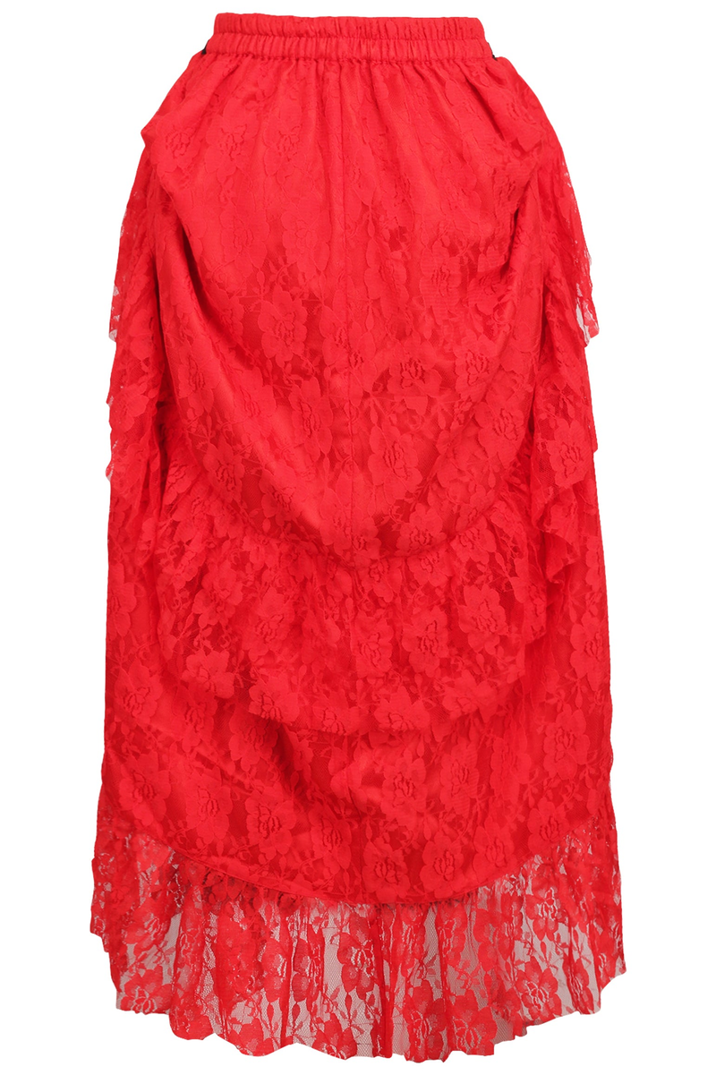 Red lace witch costume skirt with gathered waist and layered ruffle hem