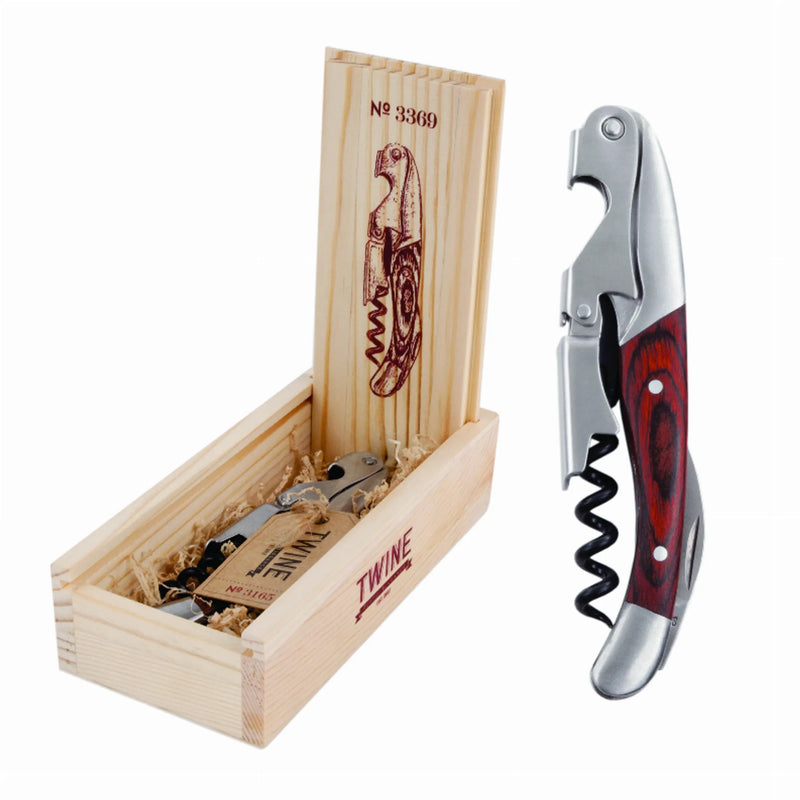 Double-hinged corkscrew with wooden case and label by Twine