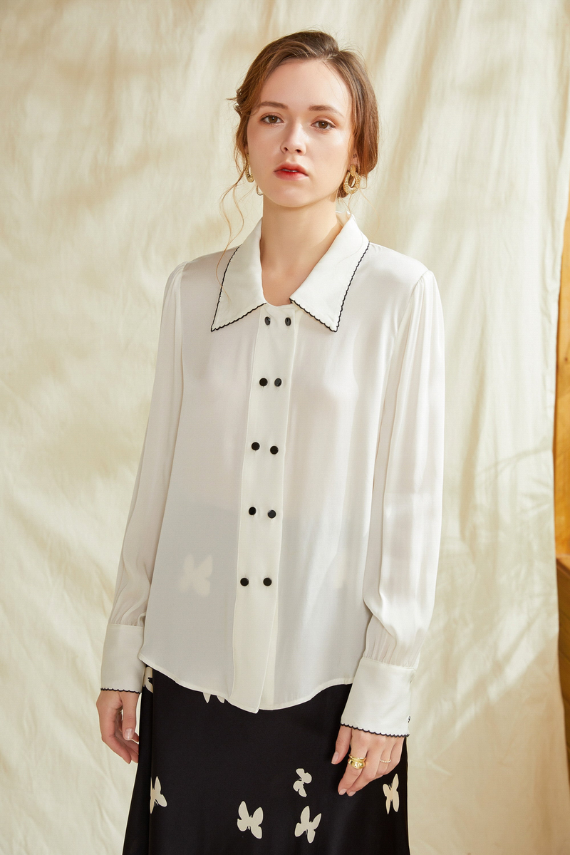 Ivory silk button-up shirt with contrast-trim point collar and long sleeves with cuff trim