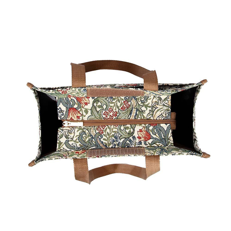 Open shopper bag with black lining, zip pocket, and tan strap handles.