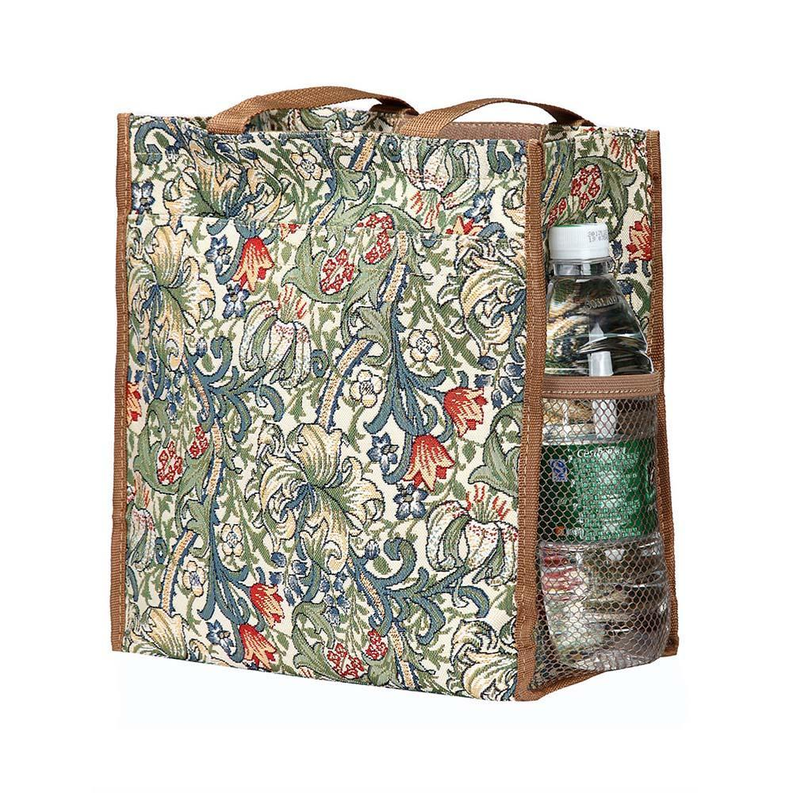 Printed shopper bag with tan handles and mesh bottle pocket on the side.