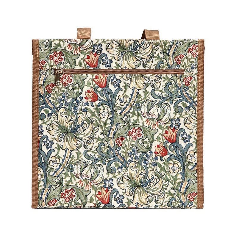Rectangular shopper bag with botanical floral print and tan trim edges.