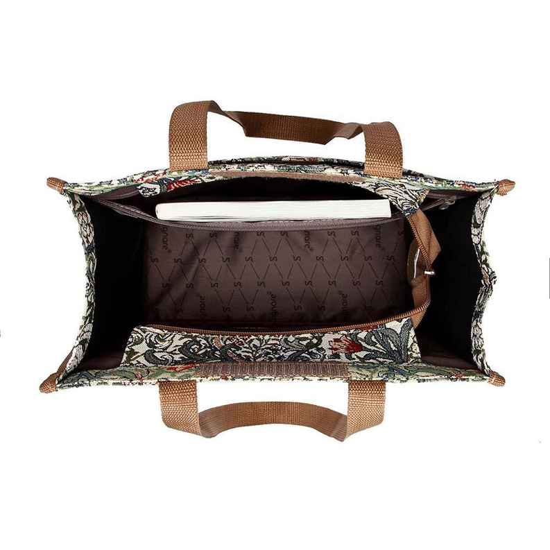 Open shopper bag showing black interior, inner compartment, and zip closure.