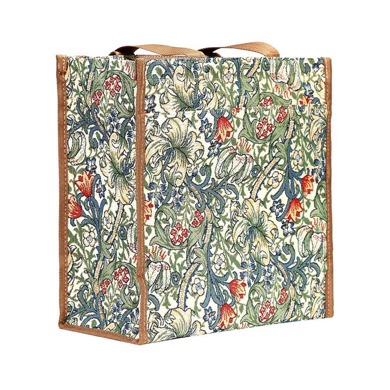 Printed shopper bag with tan handles and vertical panel detailing on the front.