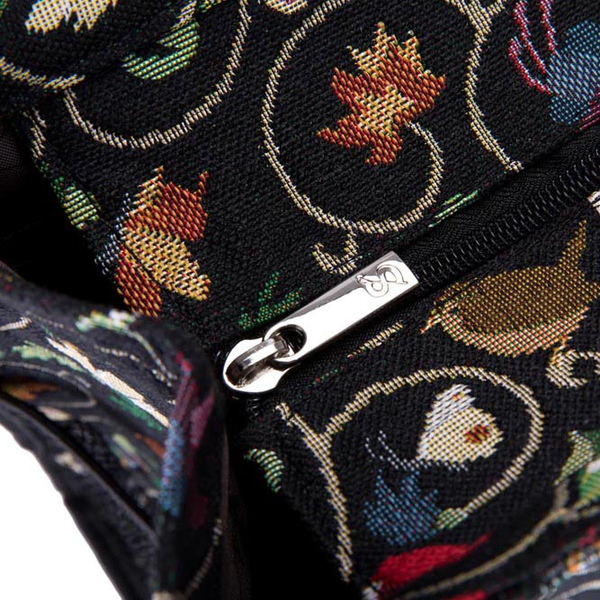 Black jacquard shopper bag with colorful pattern and silver zipper detail
