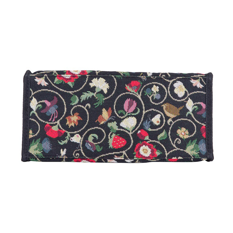 Black patterned fabric shopper bag with stitched top edge and long panel