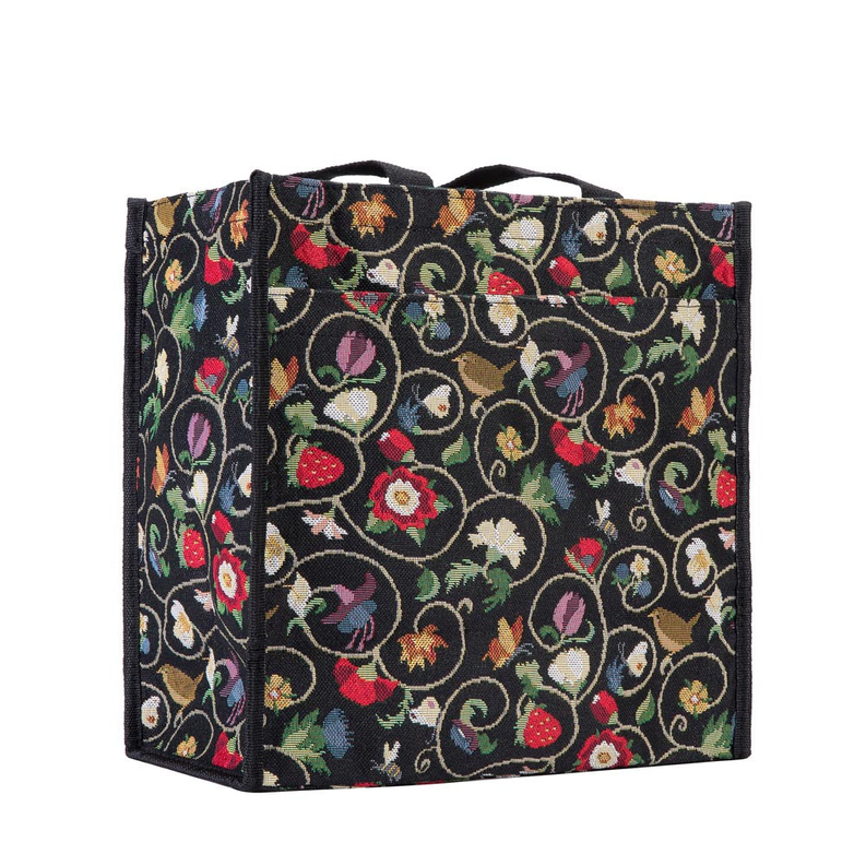 Black patterned tote shopper bag with top handles and rectangular shape