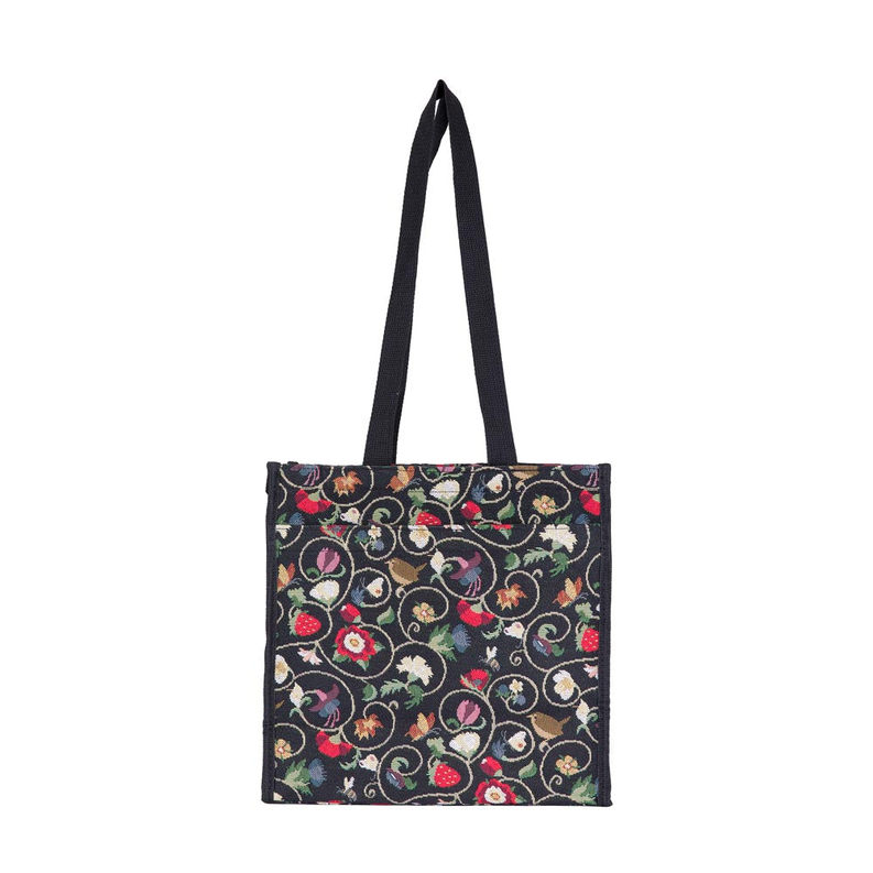 Black patterned tote bag front with long handles and stitched sides