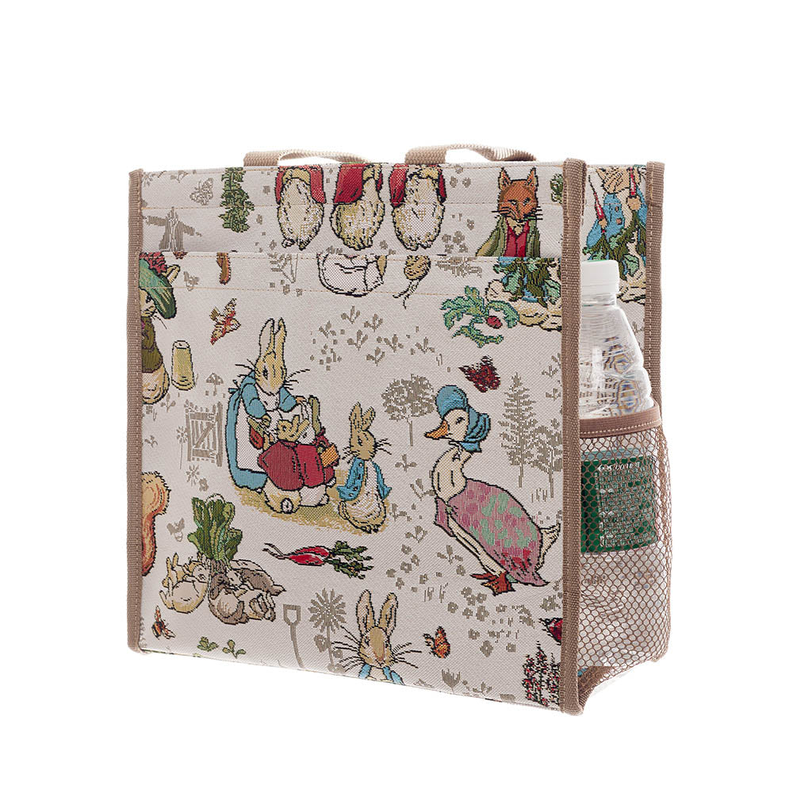 Rabbit print shopper shoulder bag with top zipper and side mesh bottle pocket