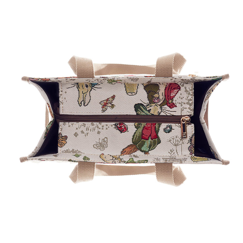 Rabbit print shoulder bag with open top, zipper closure, reinforced side edges