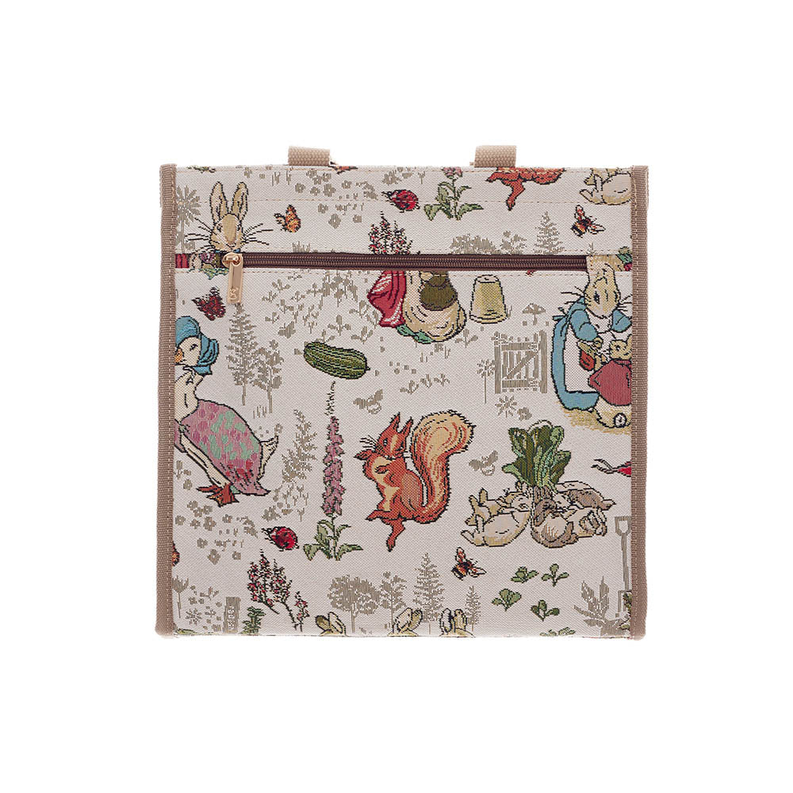 Rabbit print shopper bag with centered top zipper and patterned front panel