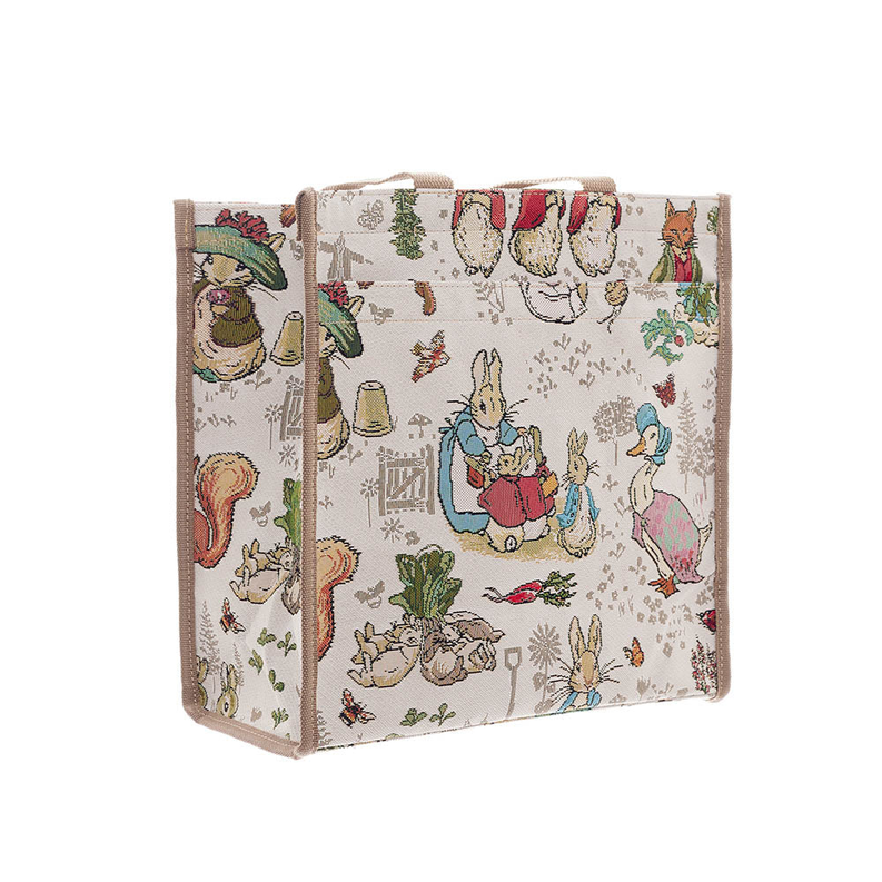 Rabbit print shoulder tote bag with two handles and structured side panels