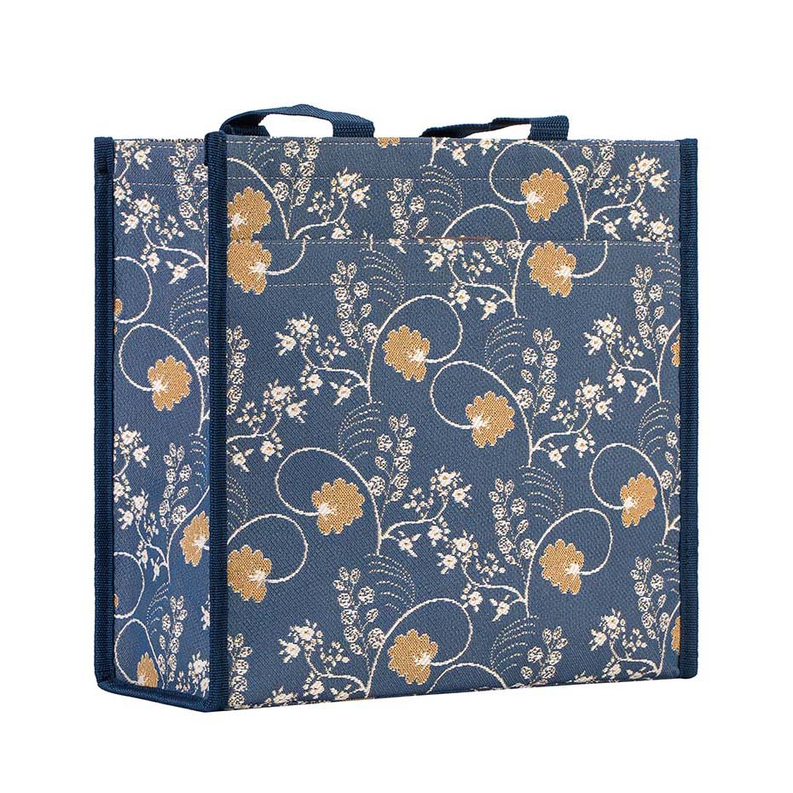 Blue floral shopper bag with top handles and rectangular shape, all-over print design.