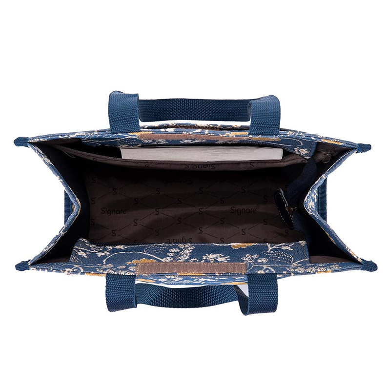Open blue floral shopper bag showing lined interior and sturdy top handles with straps.
