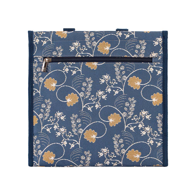 Blue floral zippered shopper bag with all-over pattern and rectangular front panel.