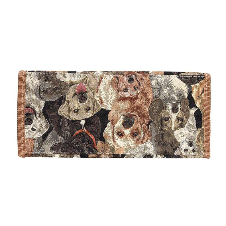 Rectangular dog print zippered pouch panel on the front of a shopper bag.