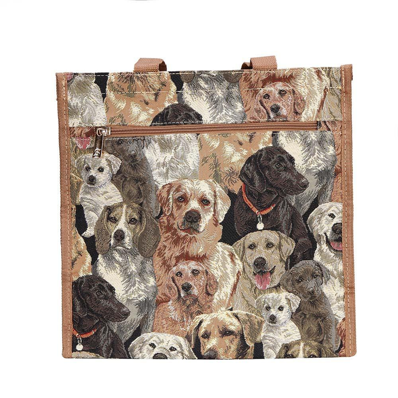 Dog face print shopper tote with brown handles and central zip pocket across the front.