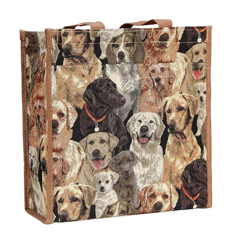 Large dog print tote bag with stitched web handles and reinforced side gussets.