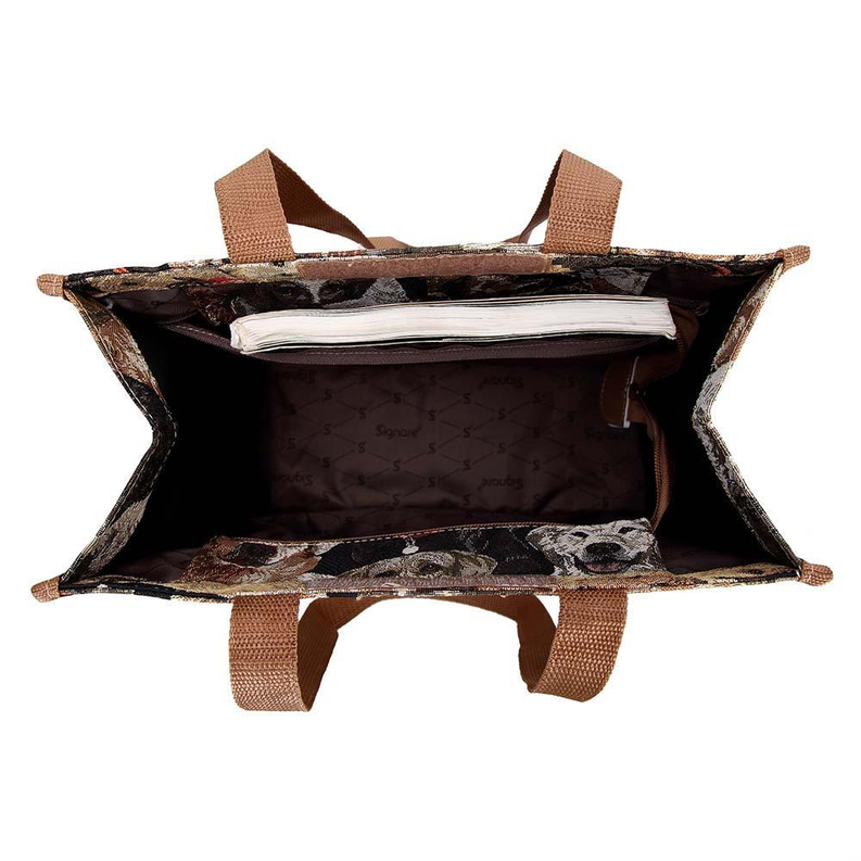 Open dog shopper bag with interior lining and stacked folded insert on the bottom.