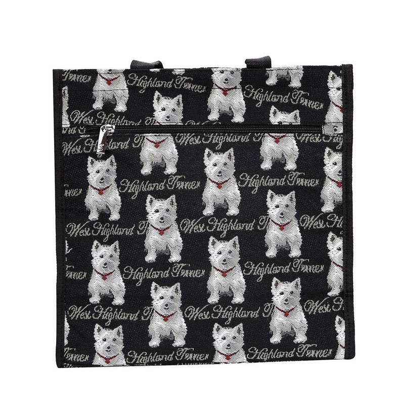 Black Westie dog patterned shopper bag with straight, boxed shape and stitched seams.