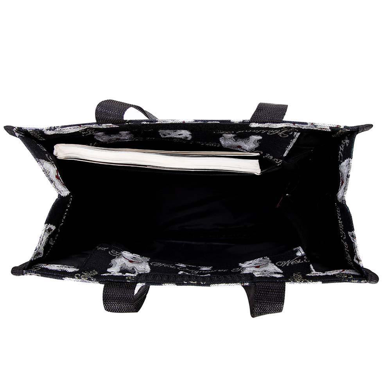 Open top black tote bag with Westie dog pattern lining and interior pocket.