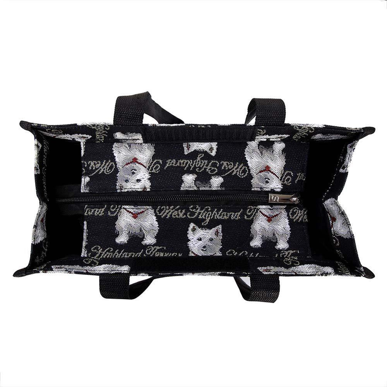 Black Westie dog patterned shopper bag with stitched handles and zippered top closure.