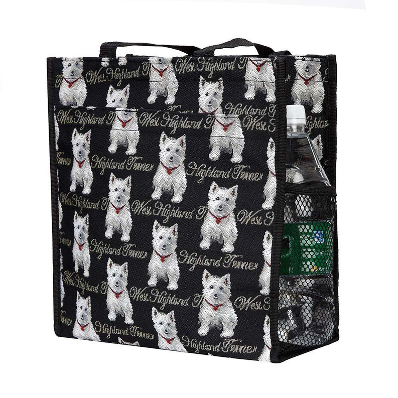 Black Westie dog patterned tote with exterior mesh side pocket for bottles.