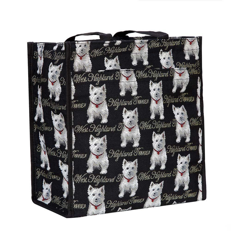 Black Westie dog patterned tote bag with wide top opening and stitched carry handles.