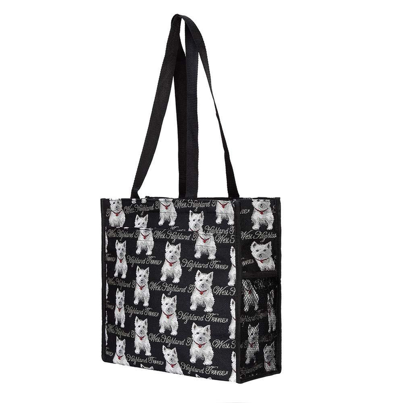 Black Westie dog patterned tote bag with two long shoulder straps.