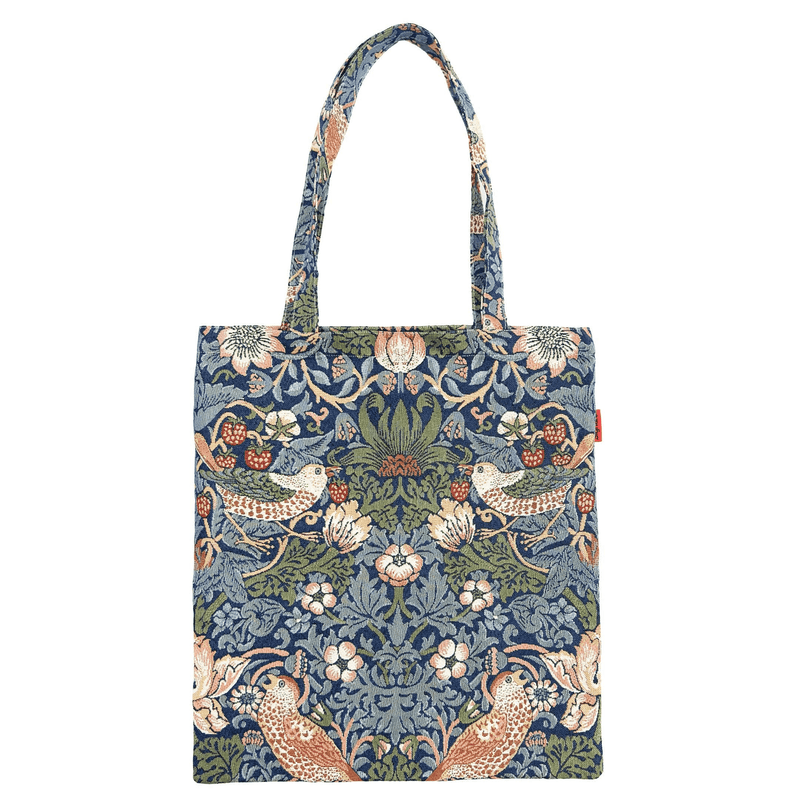 Blue flat tote bag with birds and floral Strawberry Thief pattern, two top handles