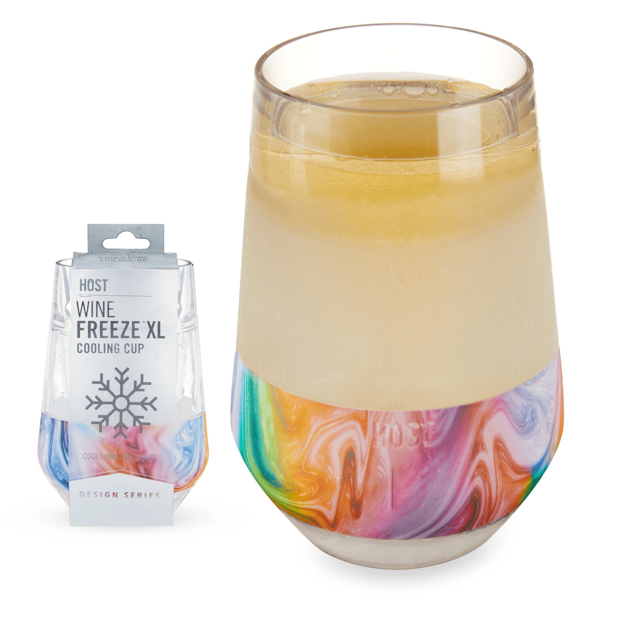 Wine FREEZE XL cooling cup with clear top and colorful marbled lower sleeve, HOST logo