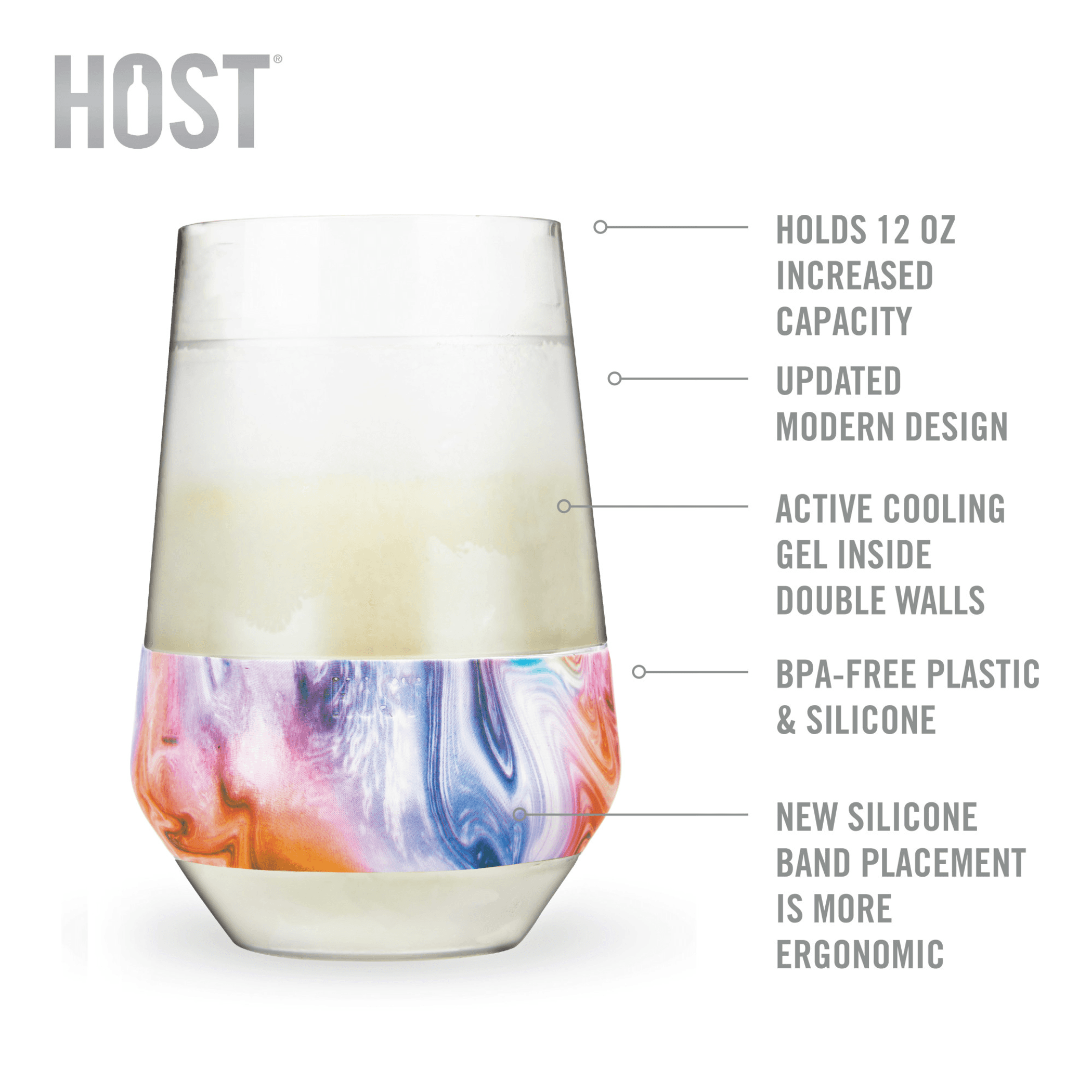 Wine cooling cup with gray band and marbled colored base, filled with white wine