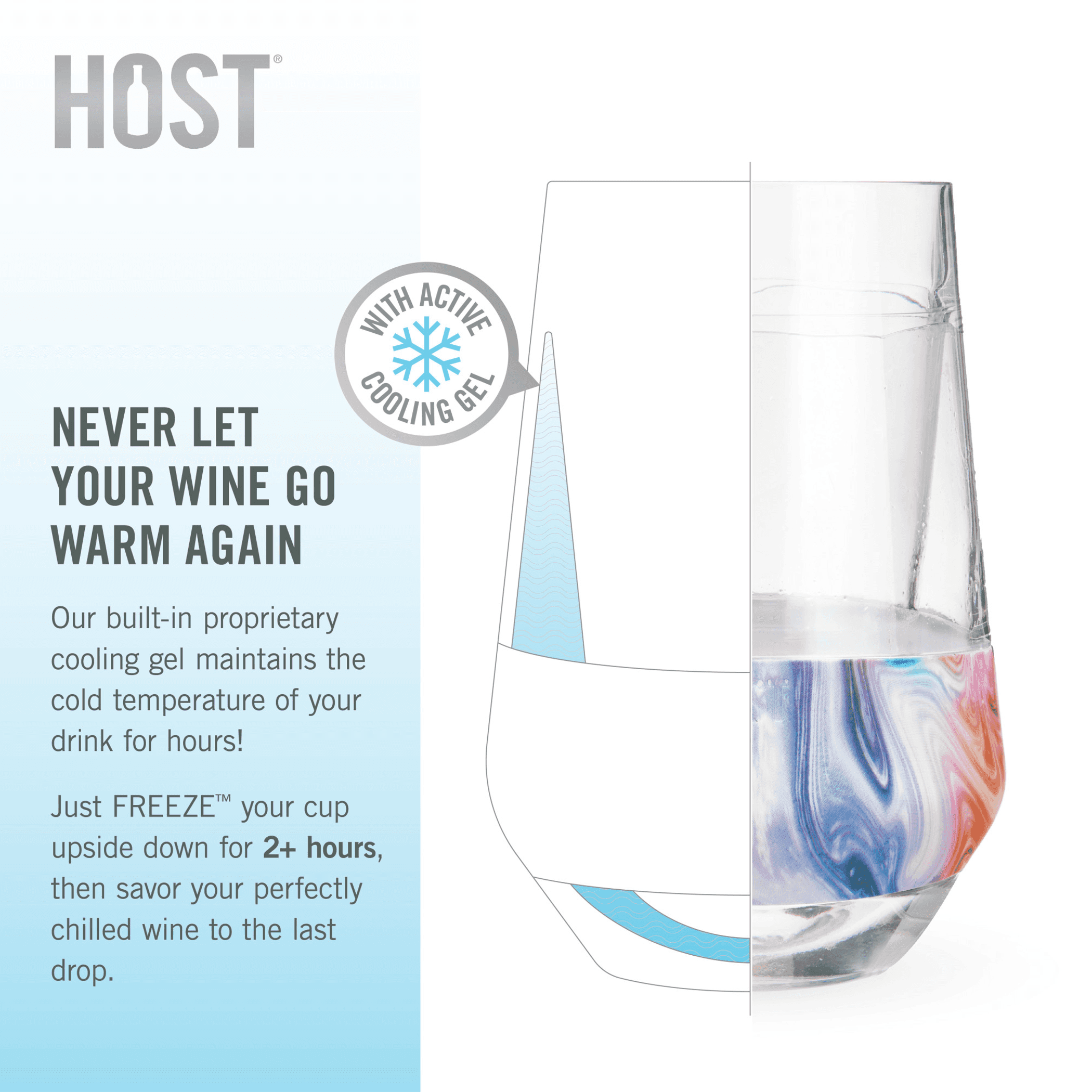 Wine cooling cup with clear walls and active cooling gel, gray base