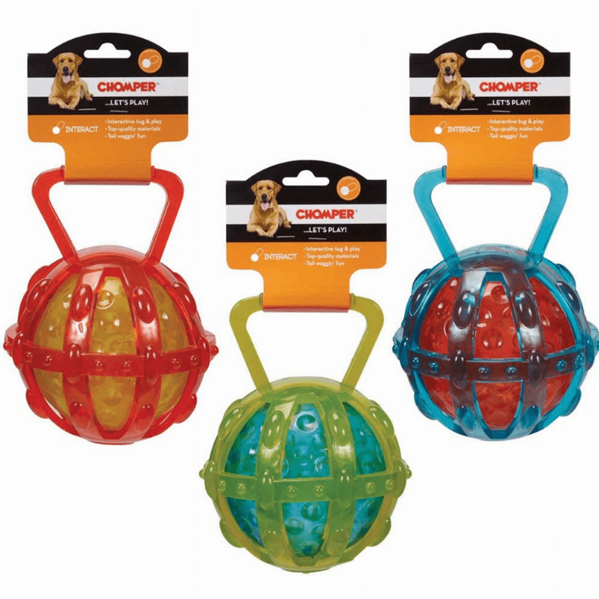 Transparent TPR ball cage dog toy set with red, green, and blue handled cages