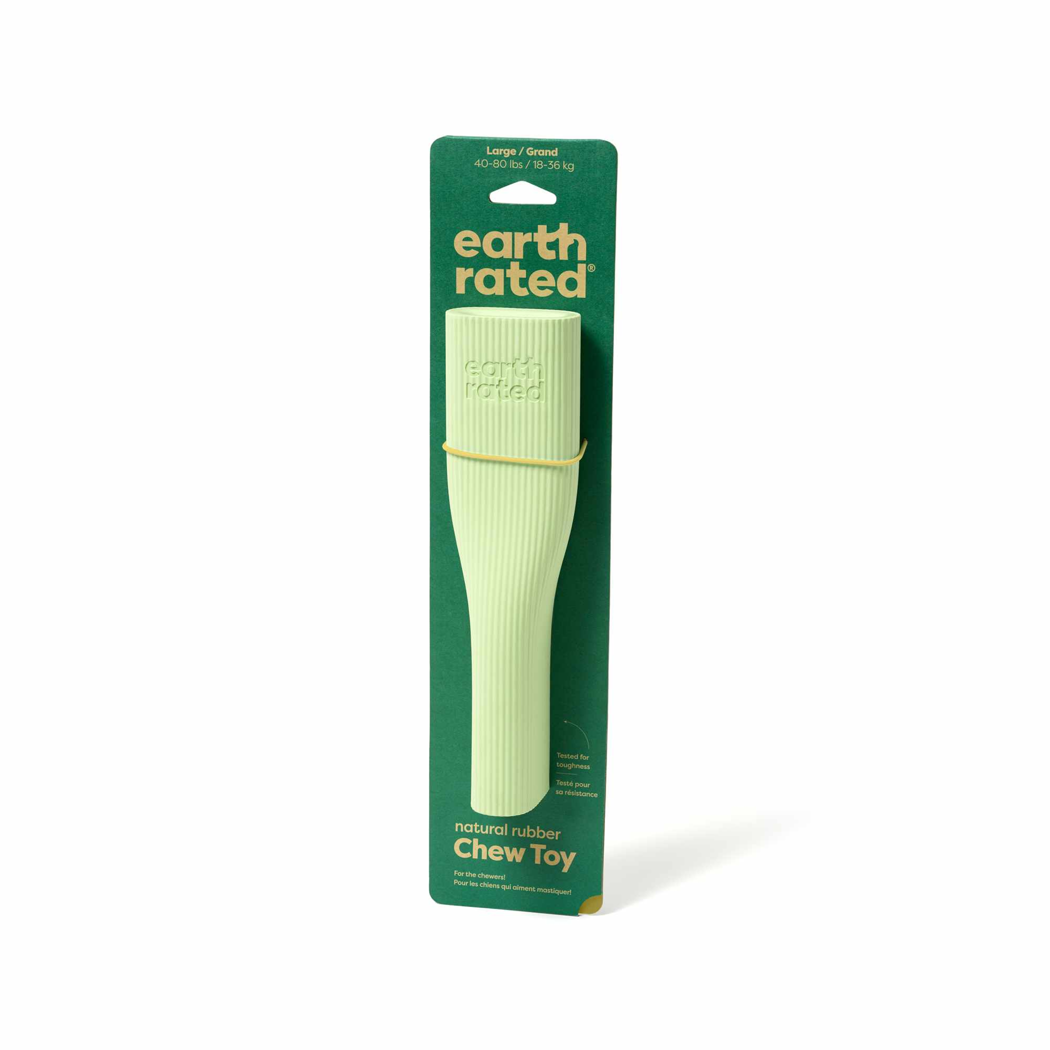 Earth Rated green natural rubber chew toy in cardboard package with hanging strip