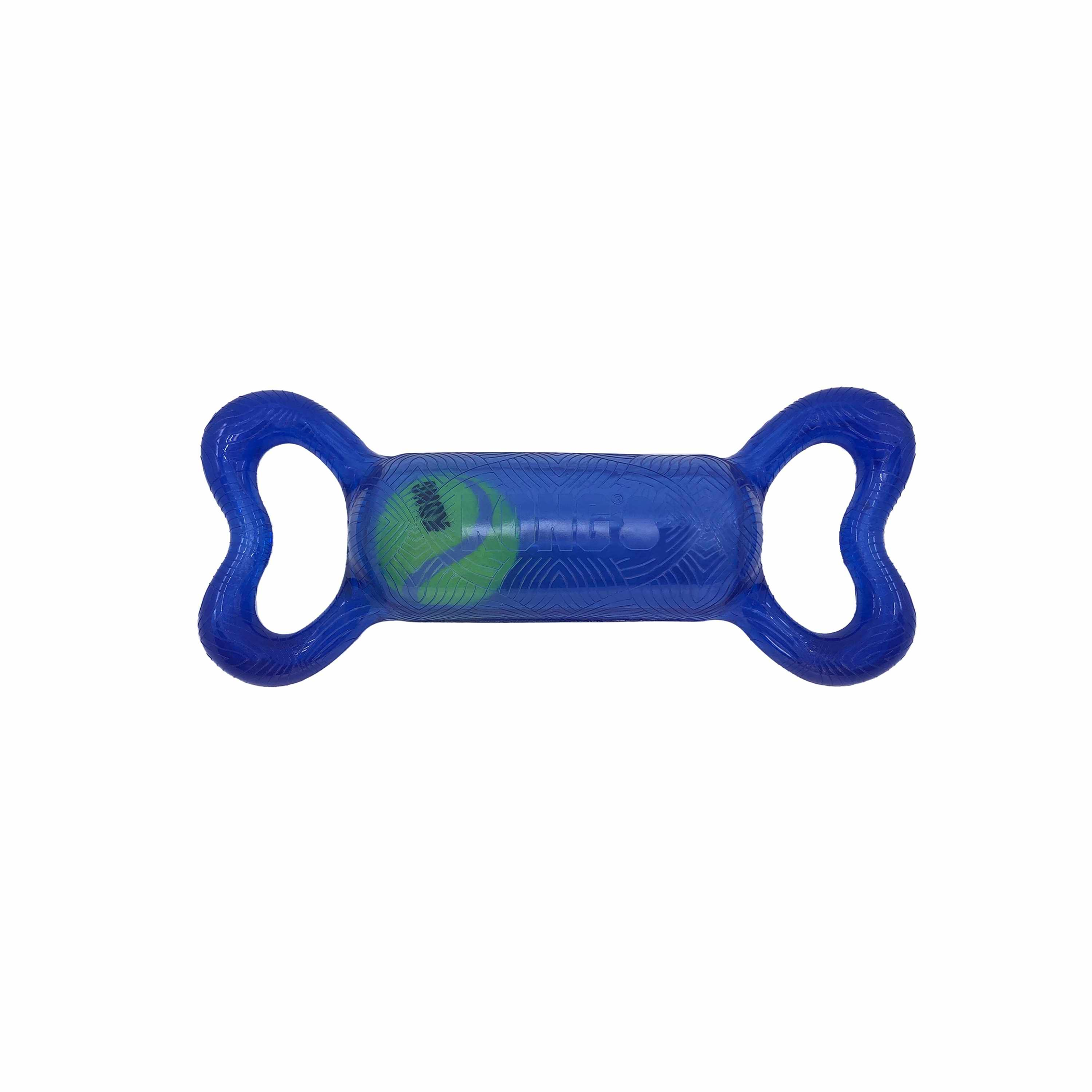 Blue bone-shaped dog tug and treat enrichment toy with ribbed center insert