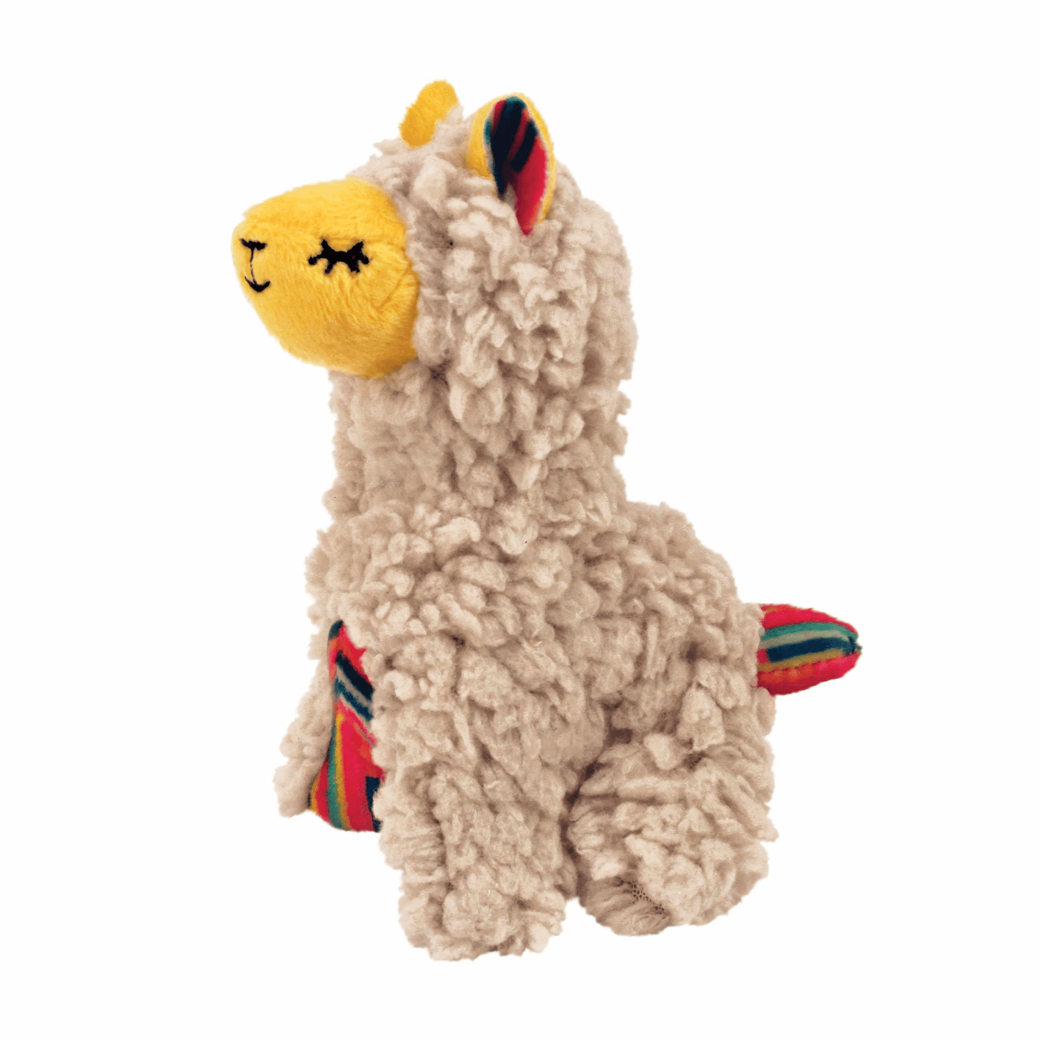 KONG® plush llama cat toy, curly beige fur with yellow face and rainbow accents