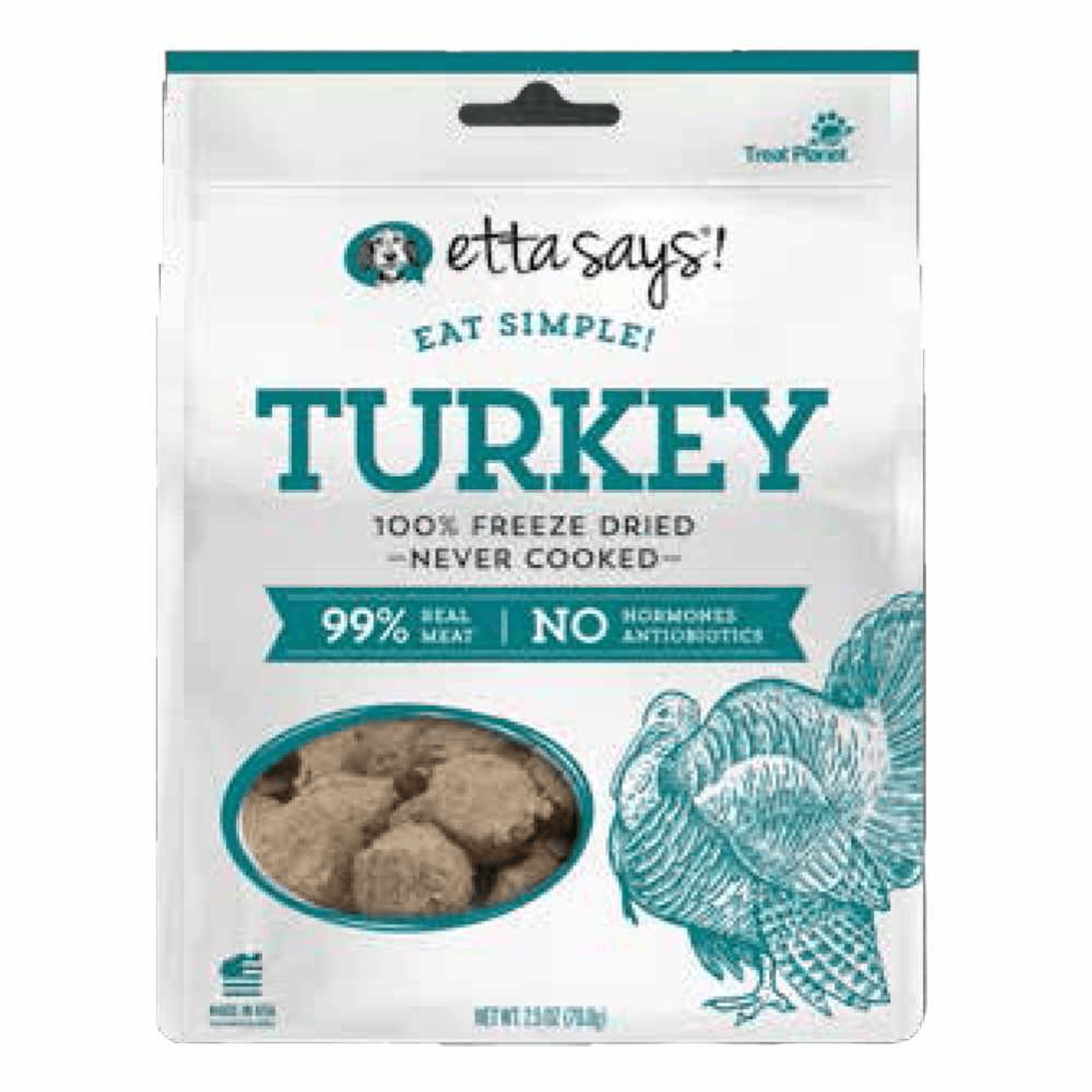 Freeze-dried turkey dog treats package, Etta Says! Eat Simple!, sealed pouch bag
