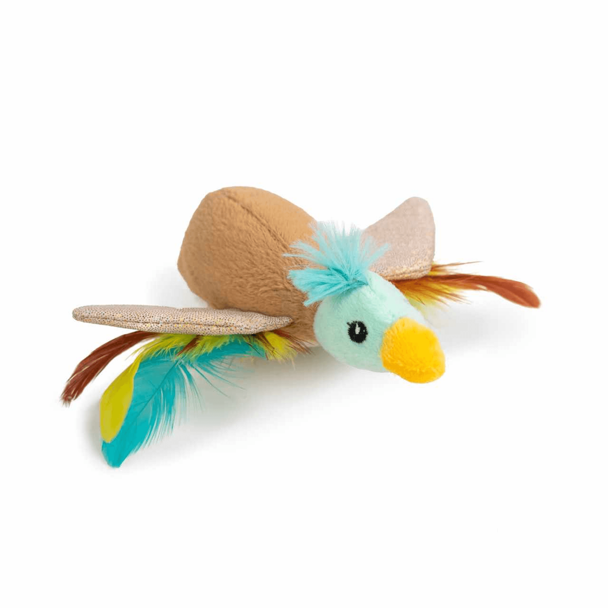 Catstages flapperz duck cat toy with brown plush body, blue feathers and orange beak