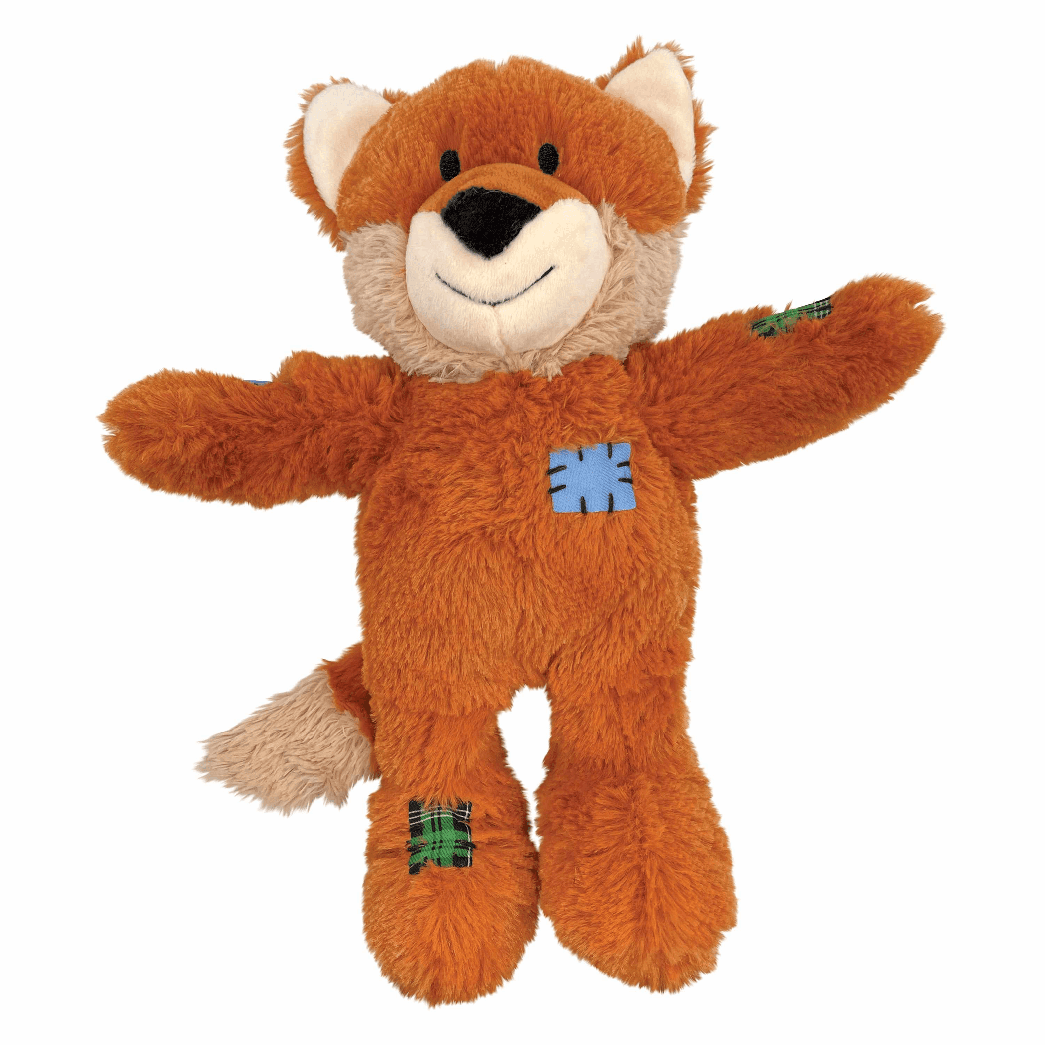 Brown plush fox rope dog toy with blue and green knot patches