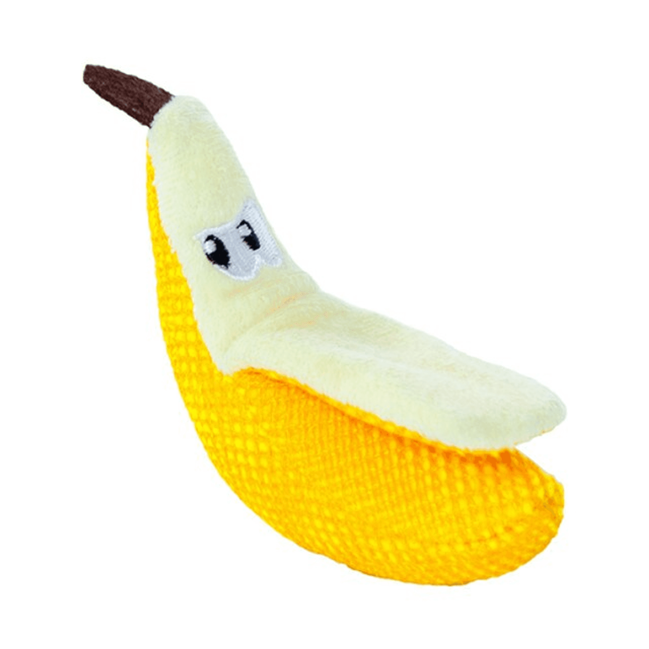 Plush dental banana cat toy with green tip and yellow textured fabric