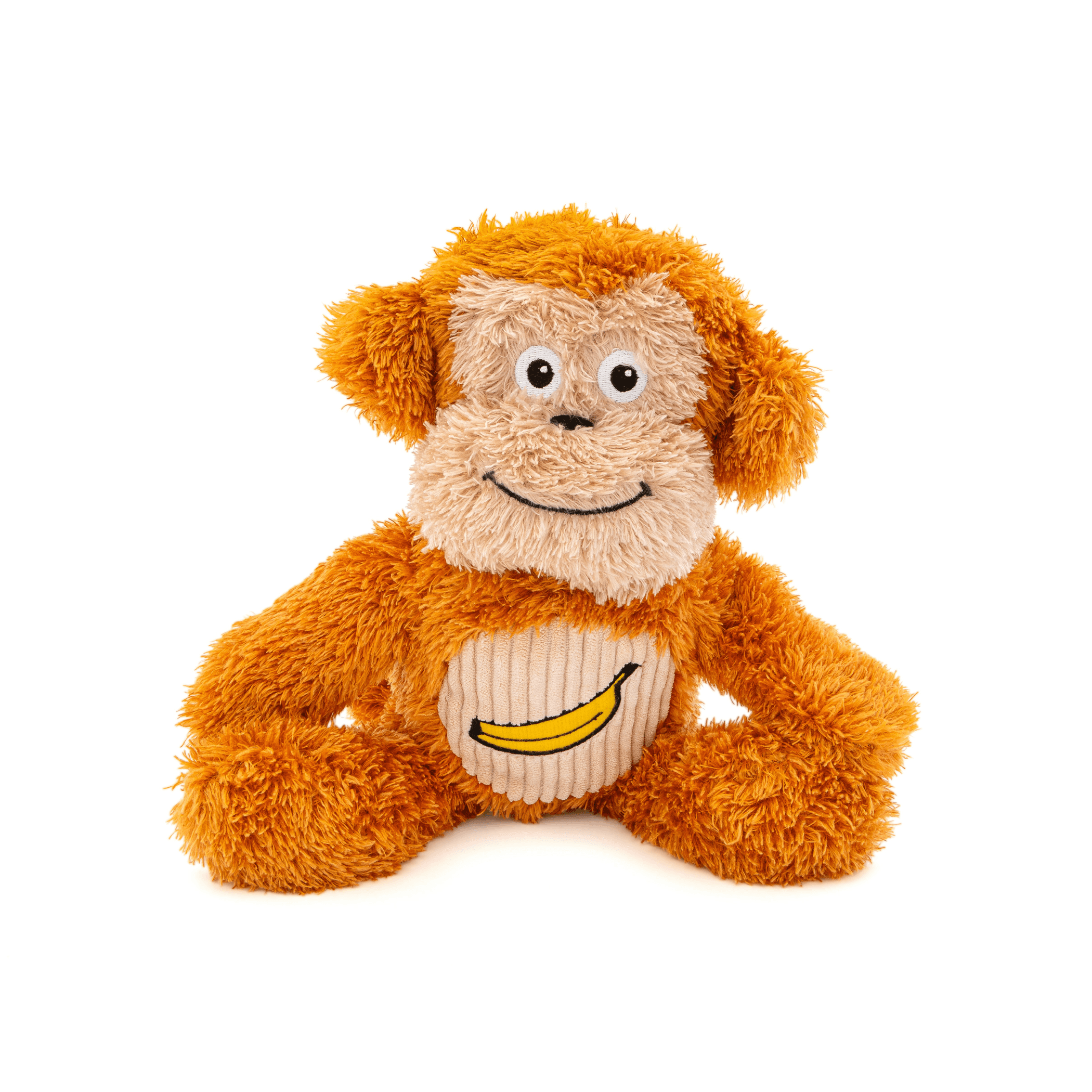 Orange monkey plush dog toy with soft face and embroidered banana graphic
