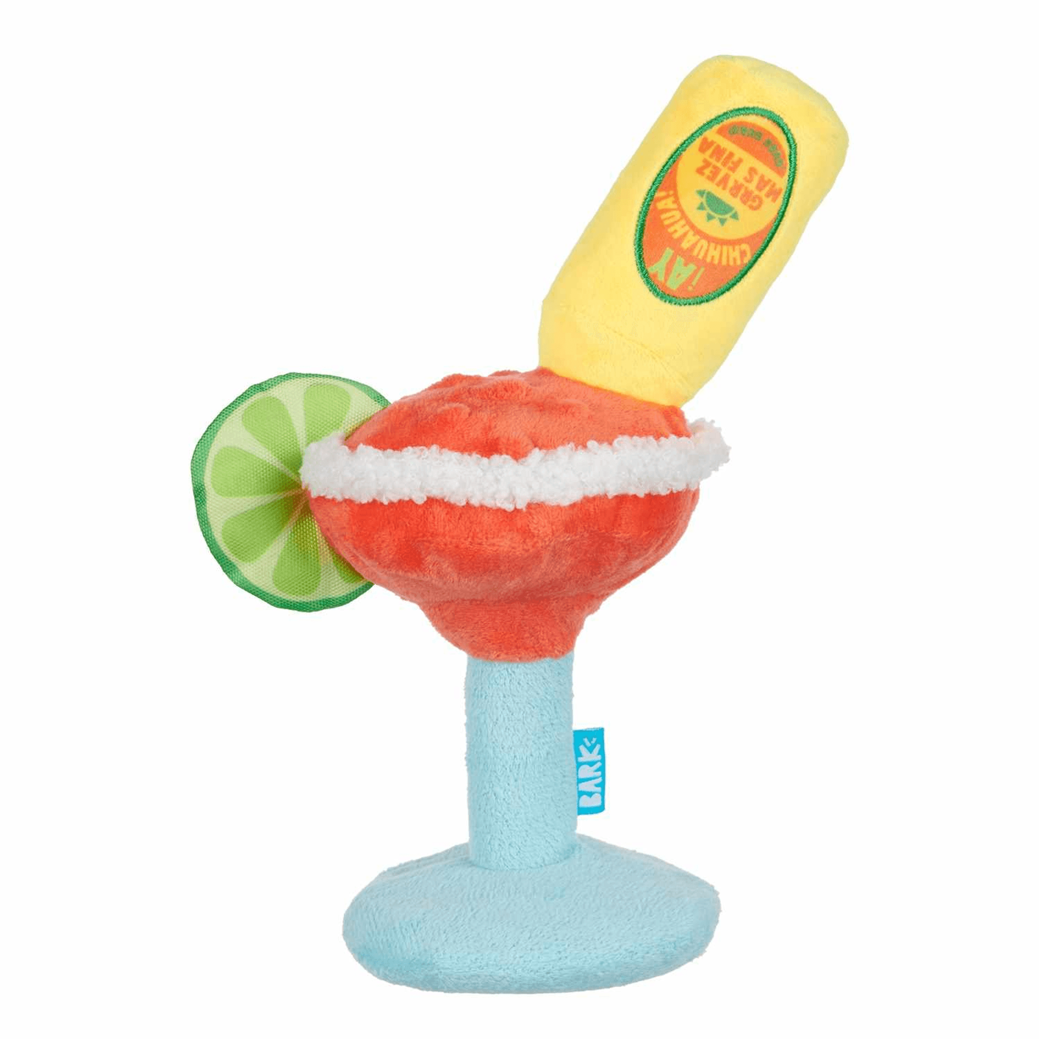 Plush dog toy in red citrus drink design with lime slice, yellow top, blue base.
