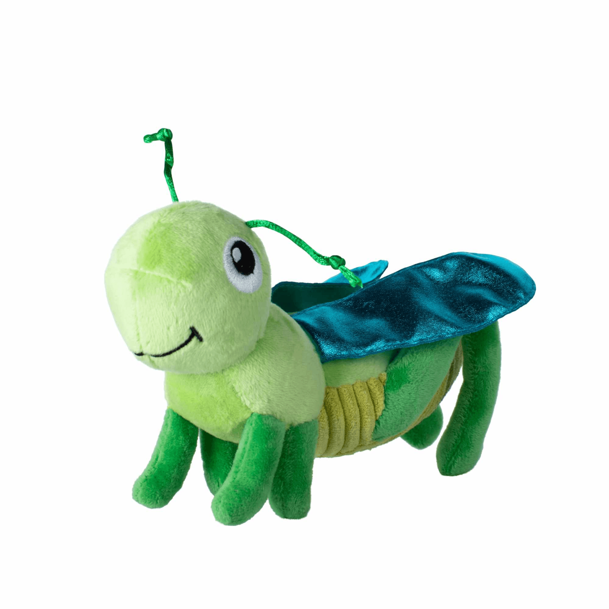 Plush cat kicker toy shaped like a green caterpillar with blue back