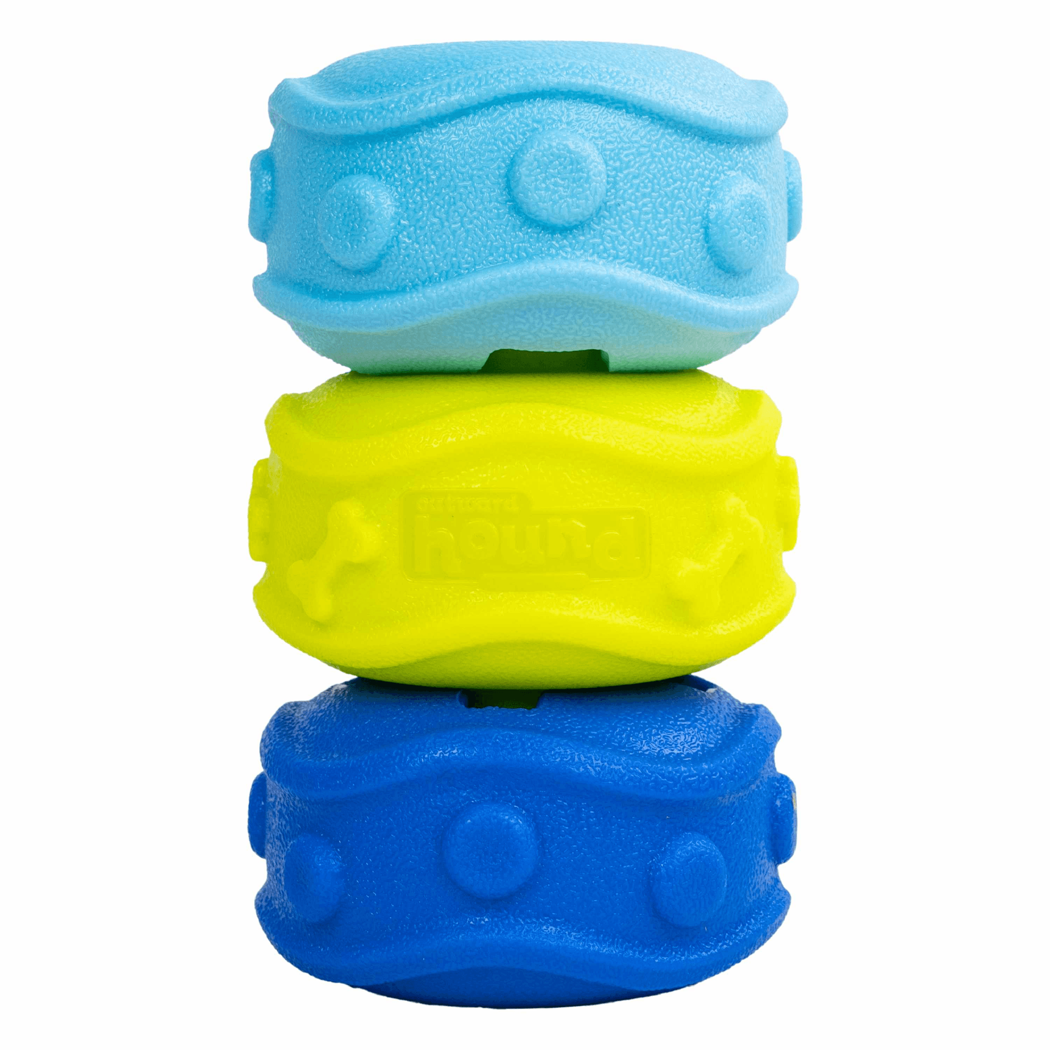 Outward Hound treat locking discs dog toy, multicolor blue and yellow locking casings