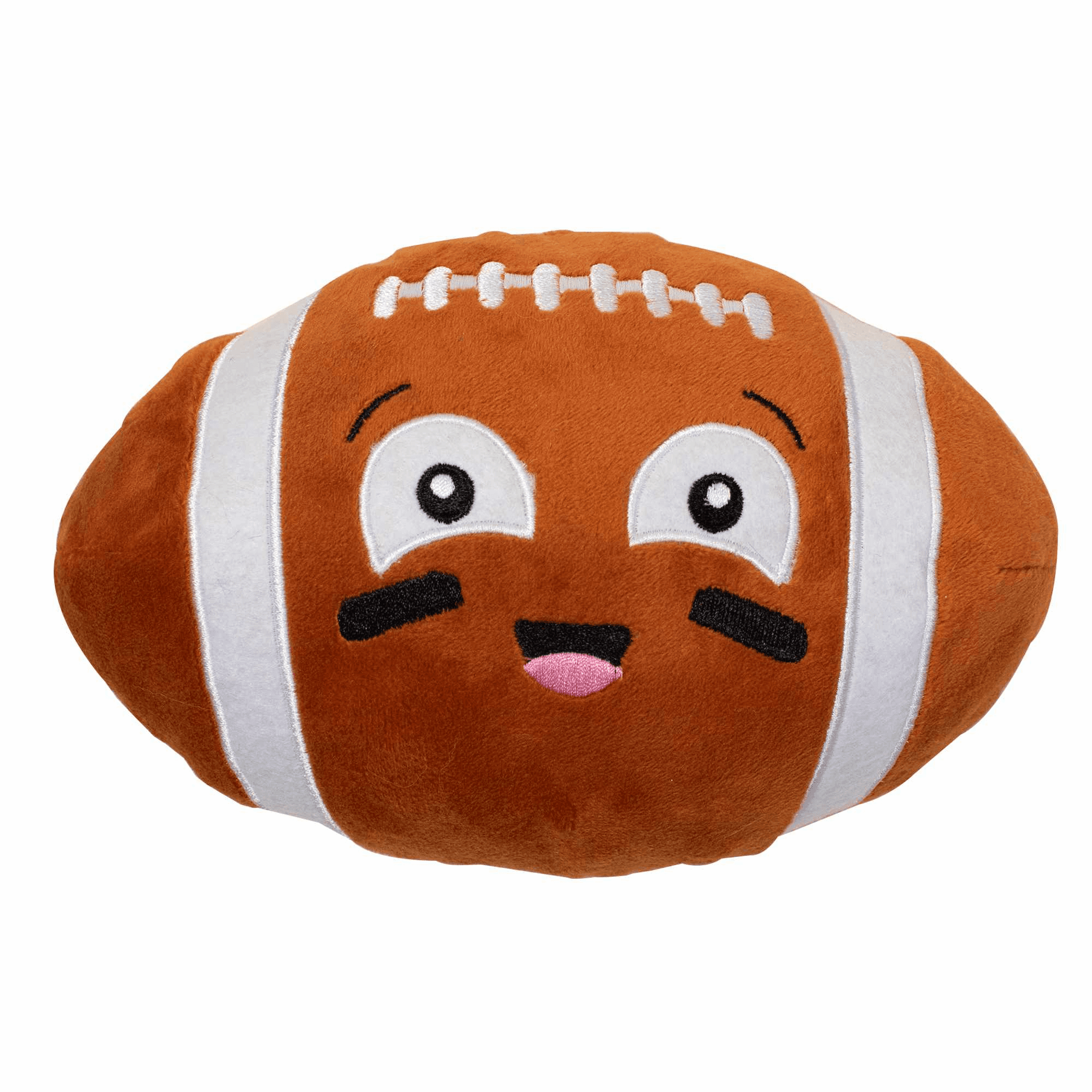 Brown plush football dog toy with stitched laces, big cartoon eyes, and black whisker details