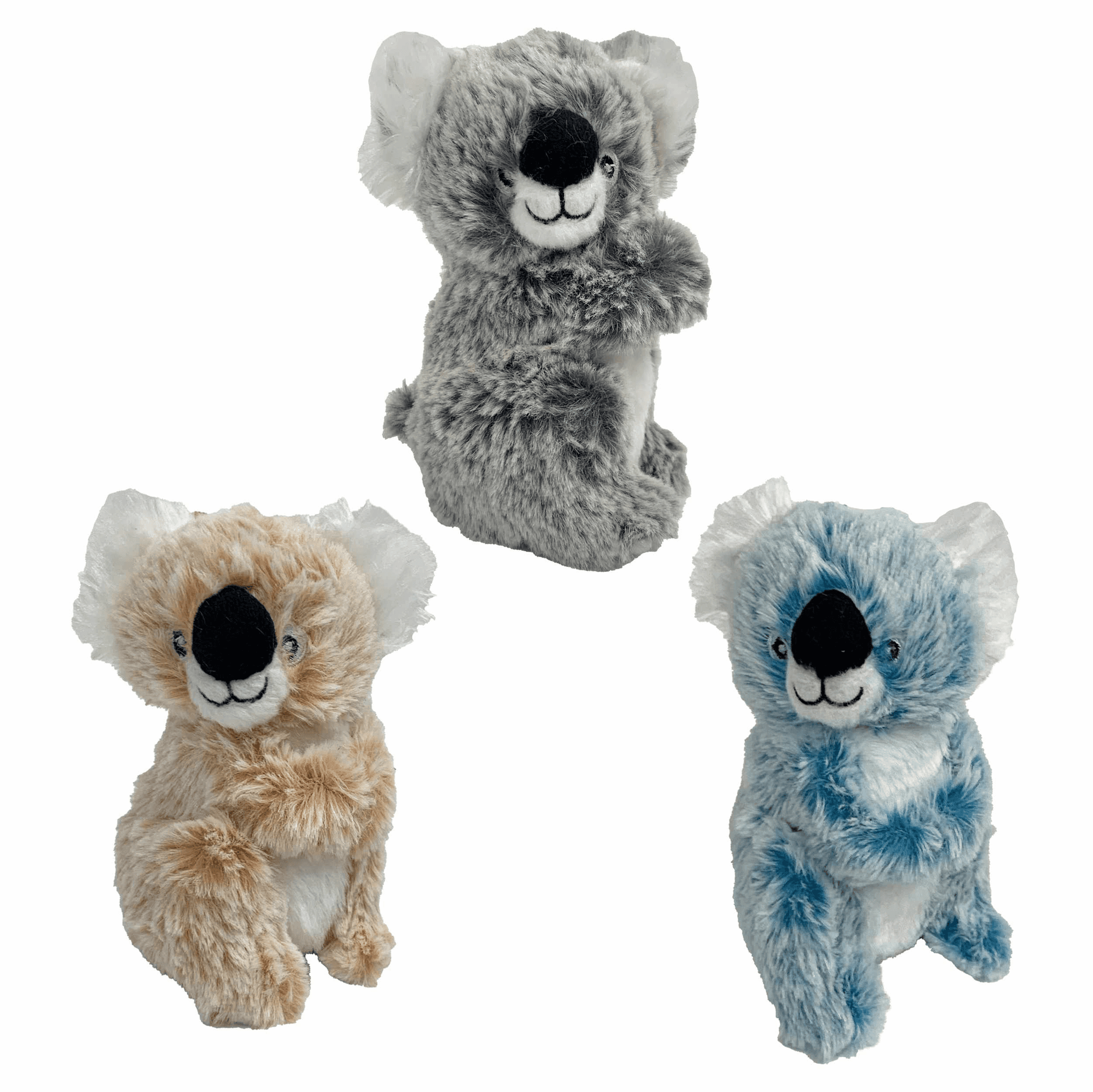 Assorted-color koala plush pet toy with big black nose and round ears