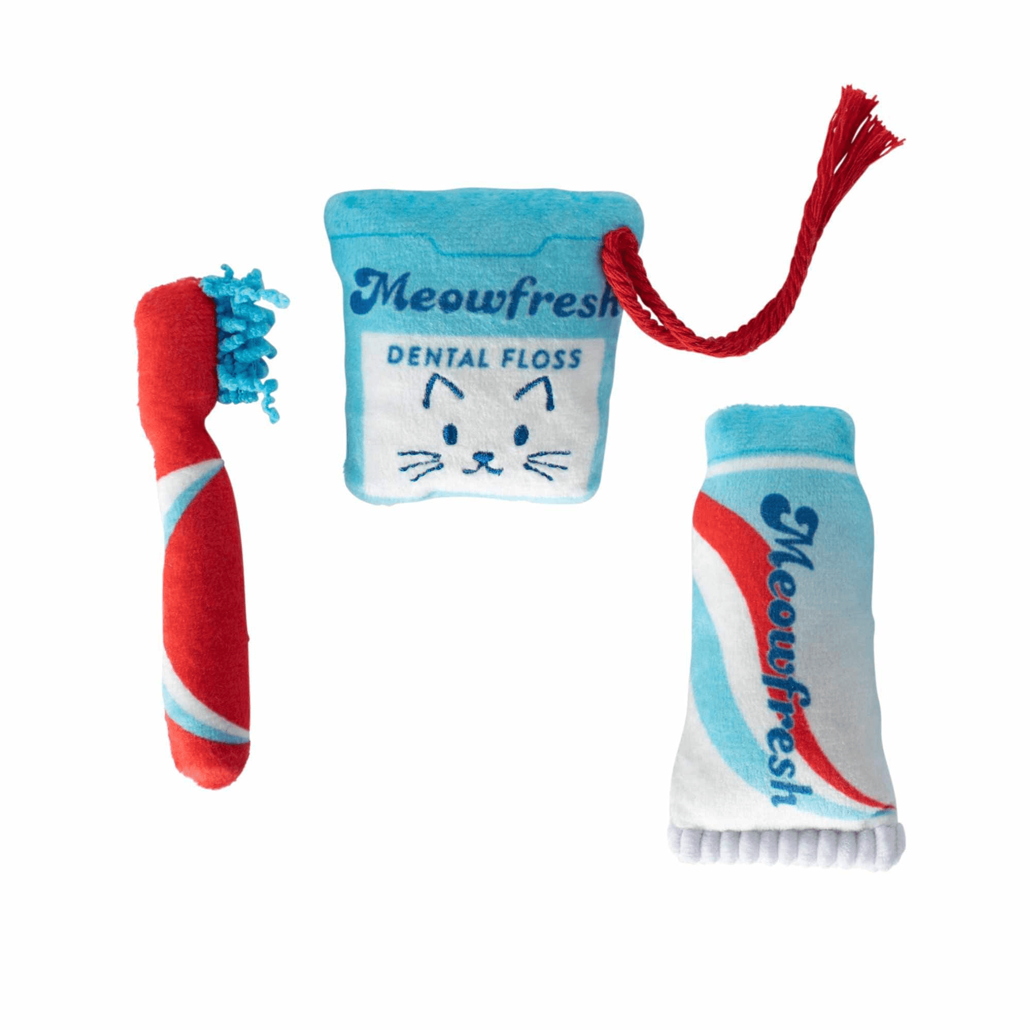 3-piece plush cat toy set with dental floss cube, striped wand, and blue sock toy.
