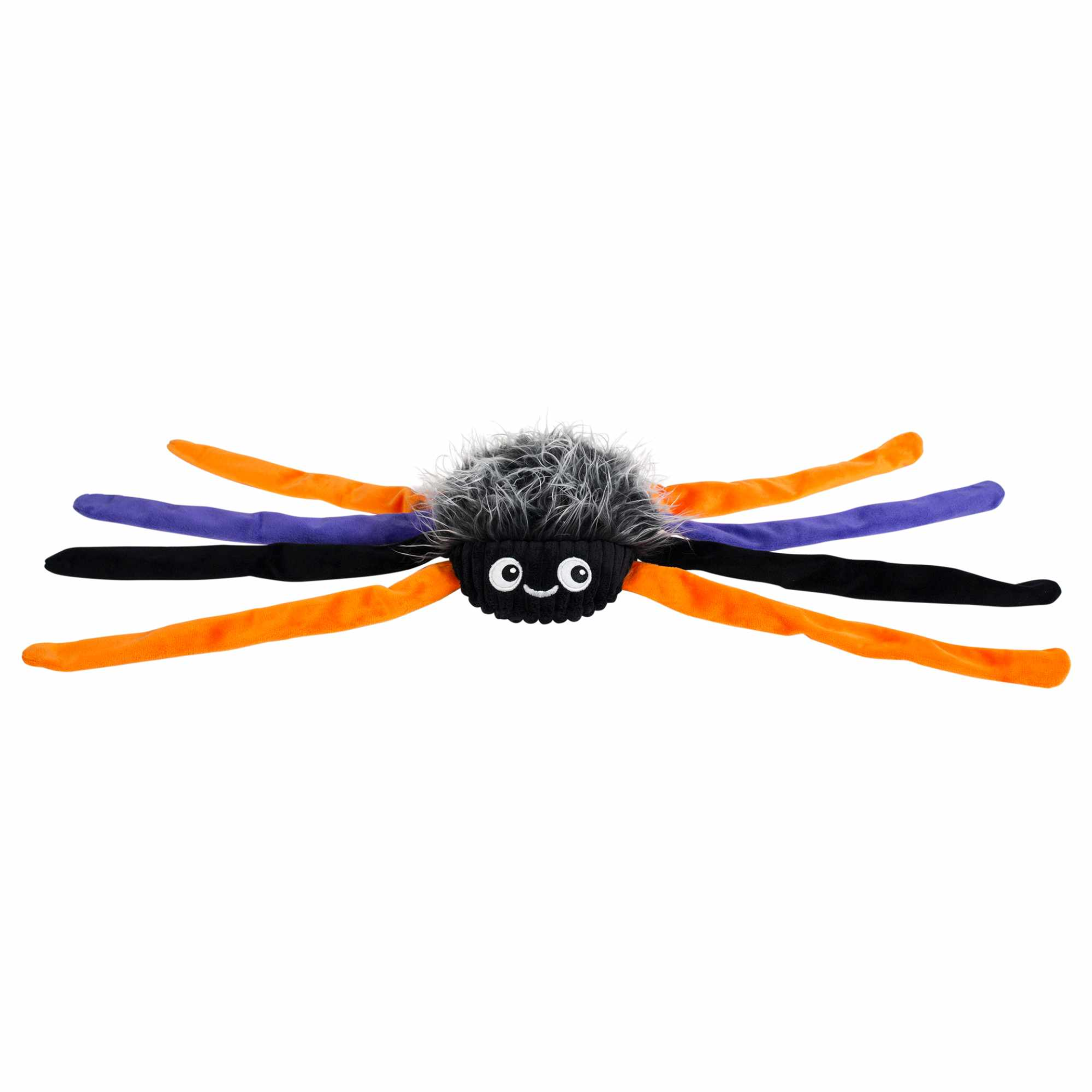Plush dog toy fly with gray fuzz body, black and orange legs, smiling eyes